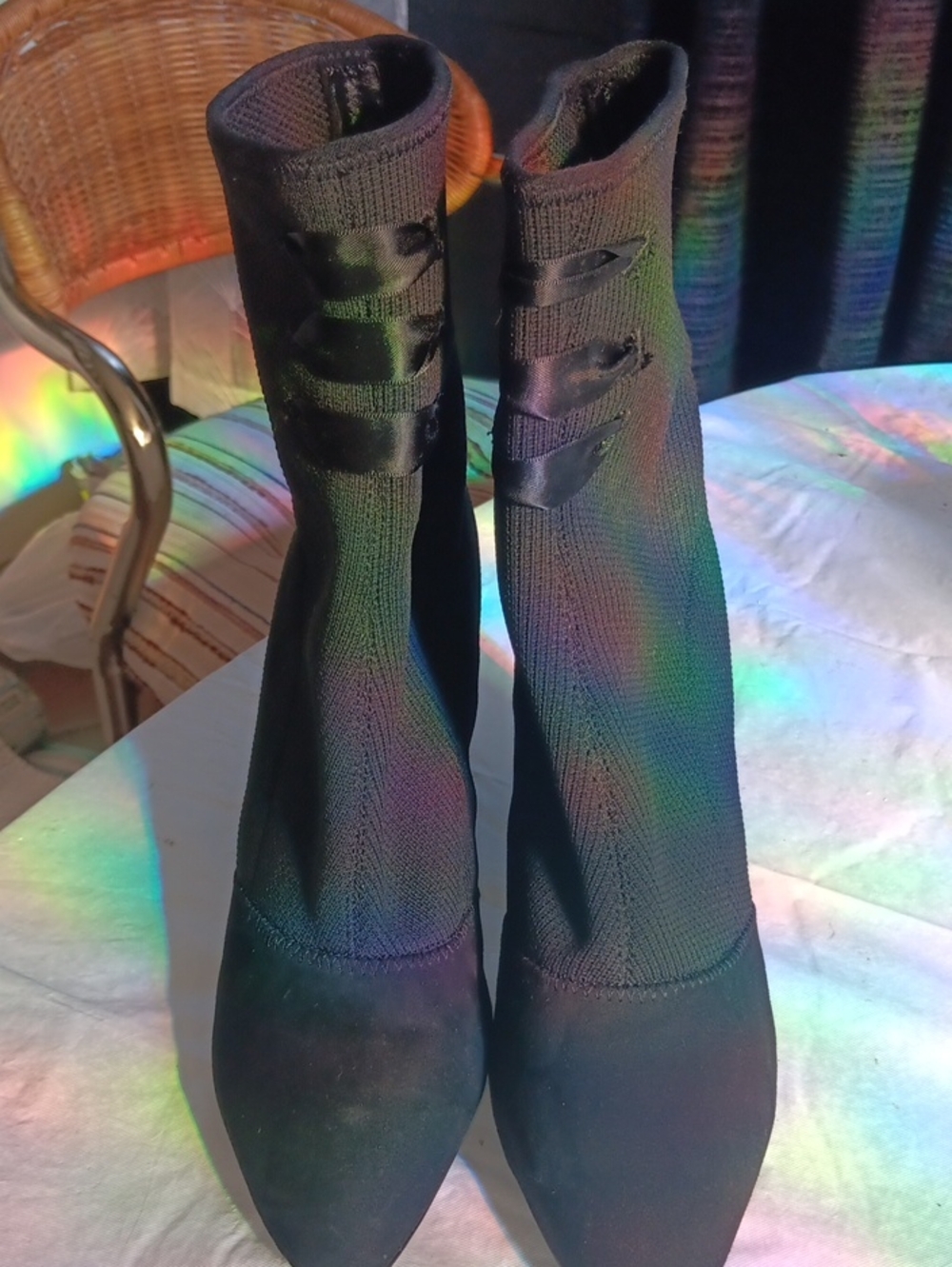 Nine West Black Knit Sock Ankle Boots with Ribbon Detail